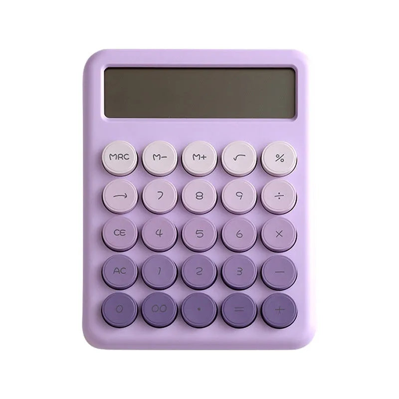 Dopamine gradient colour desk calculator in violet, pink, blue, or mint green on a desk.