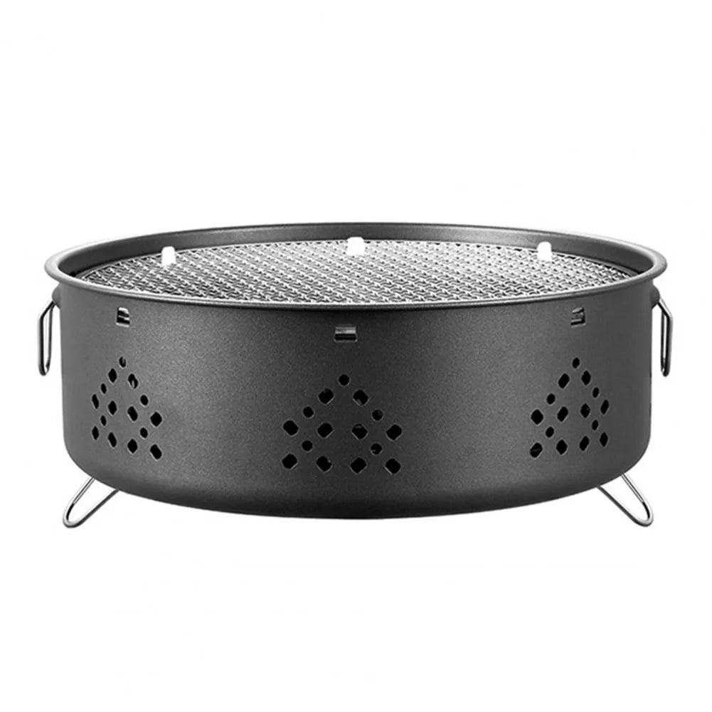 Portable stainless steel campfire grill with detachable parts, charcoal bowl, ash tray, and storage bag, white, 31cm