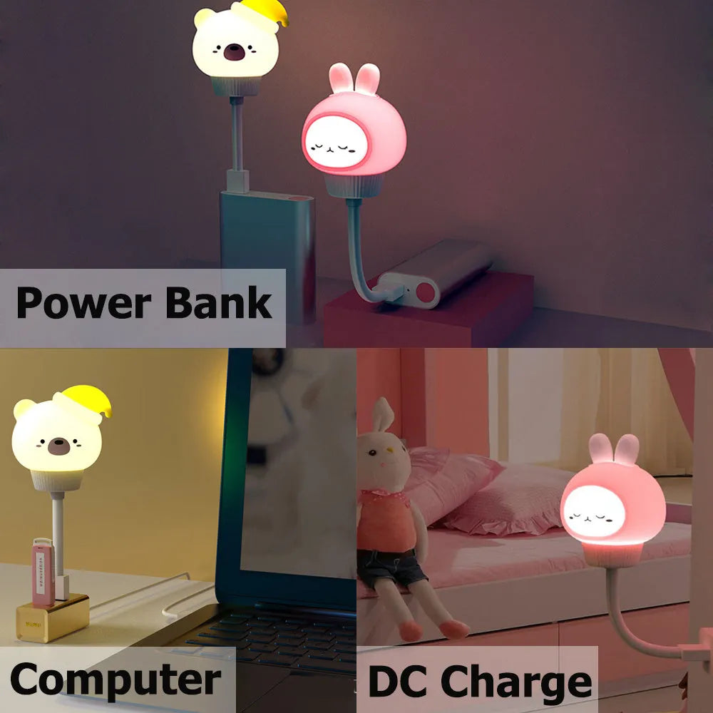 USB portable cartoon animal LED night light in rabbit design with adjustable brightness settings.