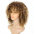 Front lace synthetic wig in light gold with long curly hair, showing elastic mesh cap.
