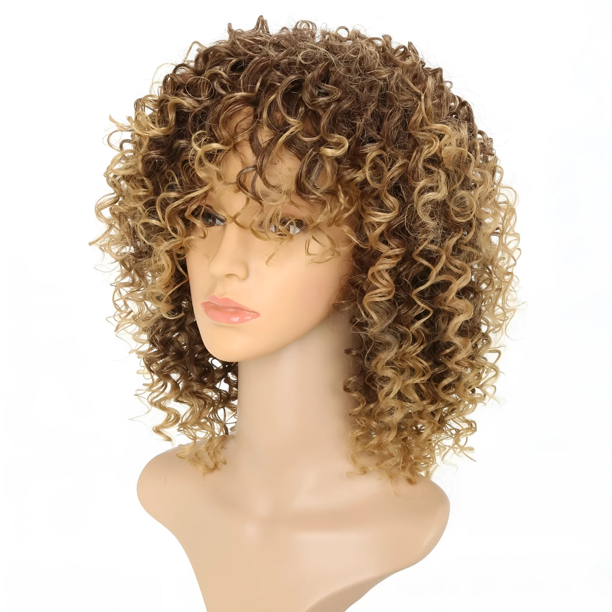 Front lace synthetic wig in light gold with long curly hair, showing elastic mesh cap.