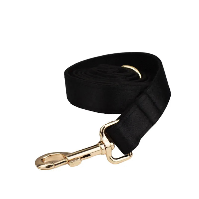 Dog wearing cloth chest strap harness with matching collar, leash, and decorative bow tie