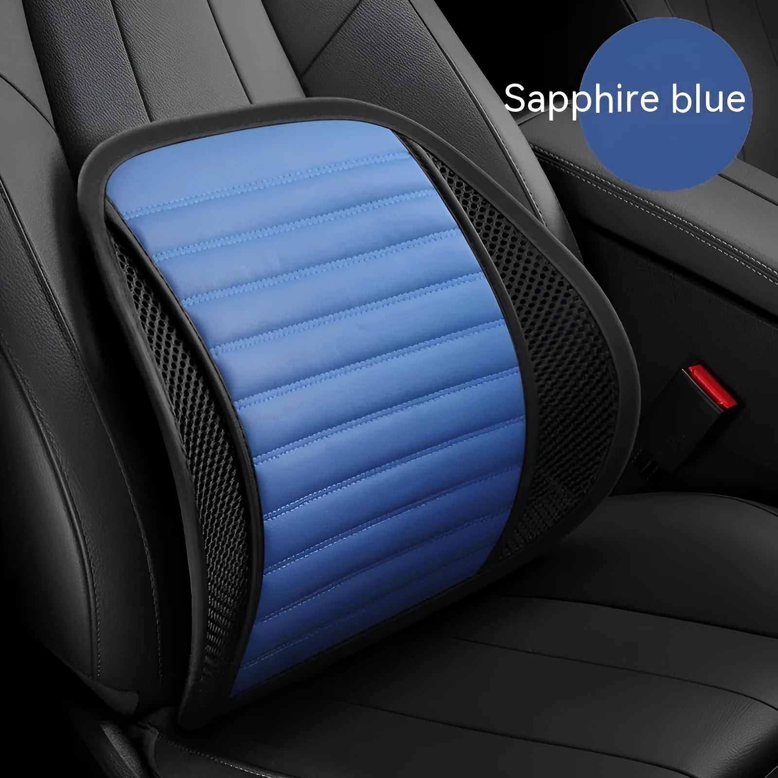 Leather lumbar support cushion for car seat, available in multiple colours including amber brown and sapphire blue.