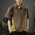 Man wearing a brown half-zip stand collar short sleeve shirt made of Ice Silk fabric.