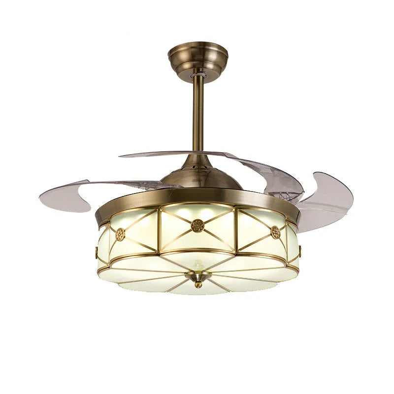 Golden 42-inch ceiling fan light with invisible blades and remote control for living room or bedroom.