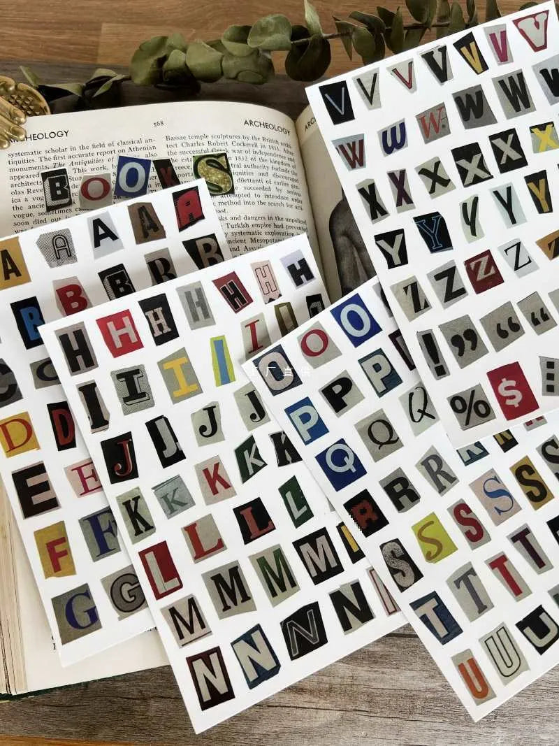 English letters and numbers symbol label stickers showing A, B, C, D, E letters and weekly words in cute printed style