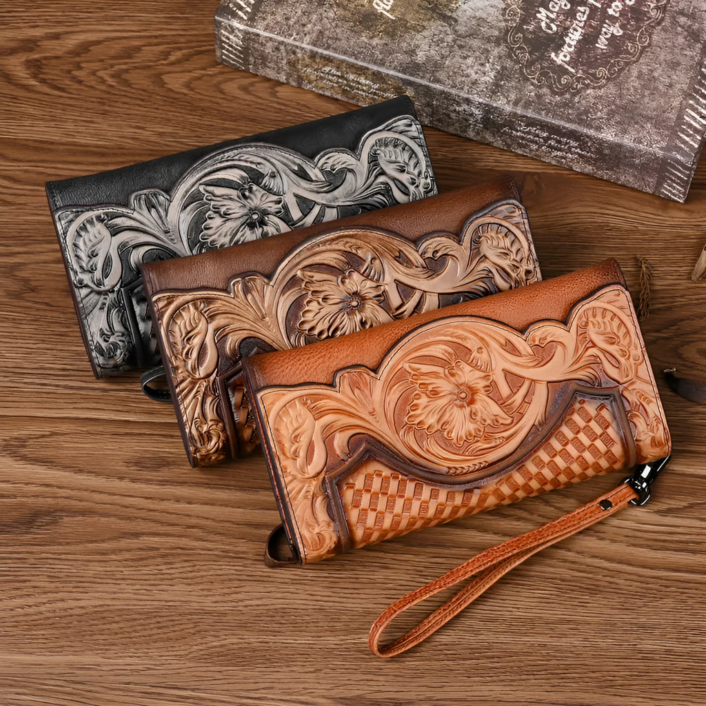 Chinese-style floral embossed tri-fold women's wallet in retro brown cowhide leather