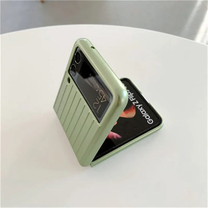 Samsung Z Flip3 ultra-thin flip phone case in solid colour options including black, red, pink, silver, gold, sky blue and light green.