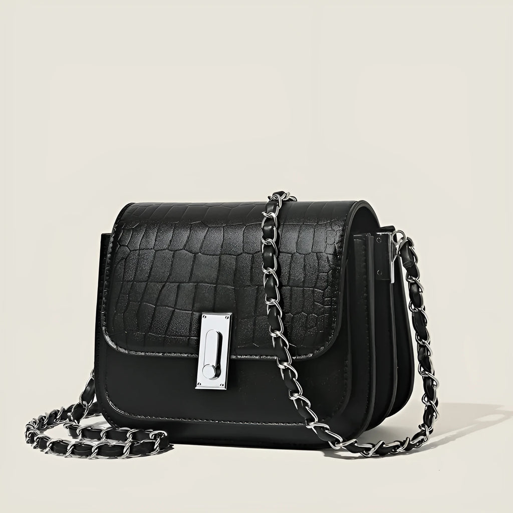 Soft PU women's cross-body chain shoulder bag in horizontal square shape with organised compartments