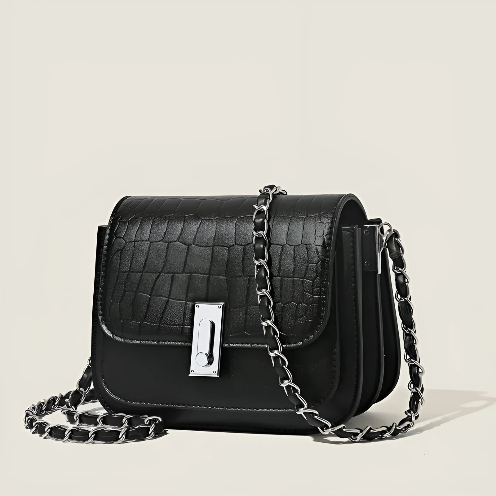 Soft PU women's cross-body chain shoulder bag in horizontal square shape with organised compartments