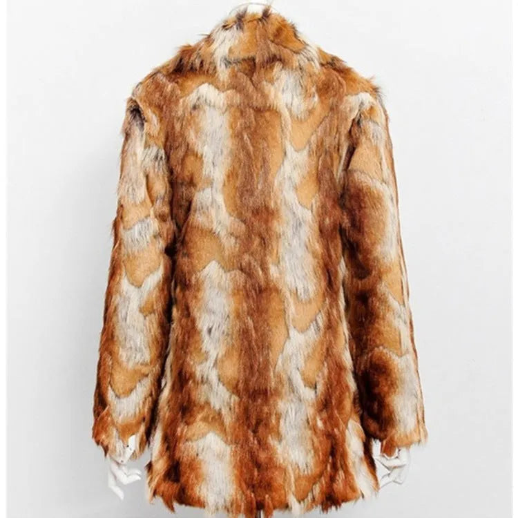 Women's faux fur leather jacket with a bold tiger pattern, long sleeves, and a medium length fit.