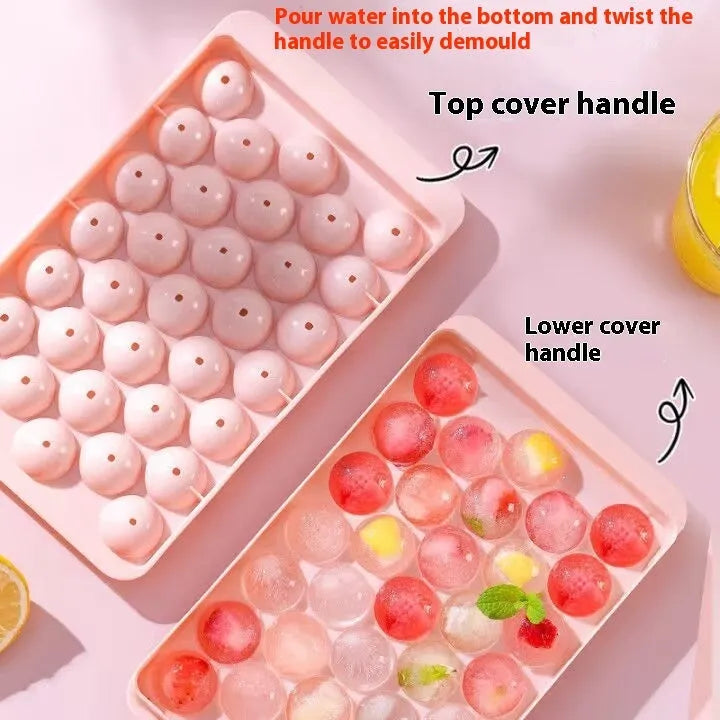 33 grid round silicone ice cube tray with lid in blue or pink measuring 24x14x3cm
