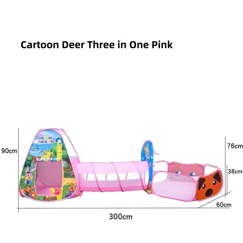 Colourful three-in-one children's play tent with cartoon design, featuring a fabric tent, ball pool, and plastic tunnel.
