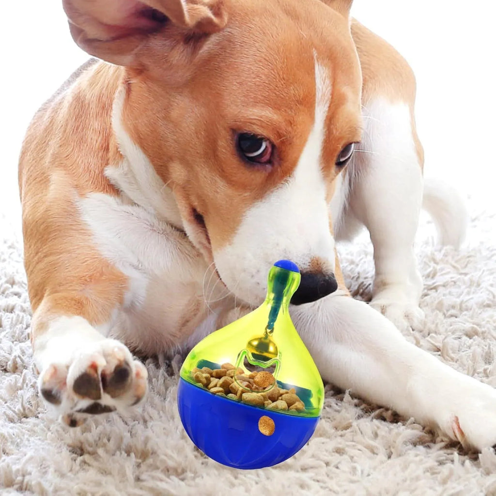 Blue tumbler-shaped pet treat dispenser toy for interactive feeding