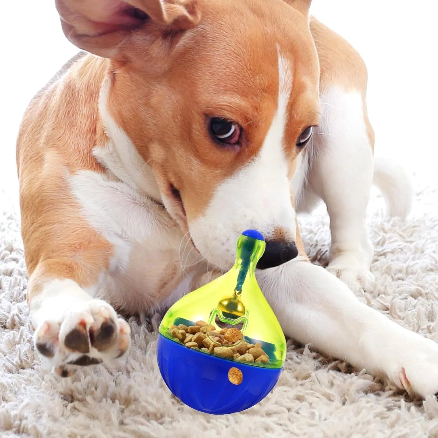 Blue tumbler-shaped pet treat dispenser toy for interactive feeding