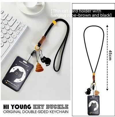 Cartoon black cat plastic card sleeve holder with ferrule pendant for transit and student cards