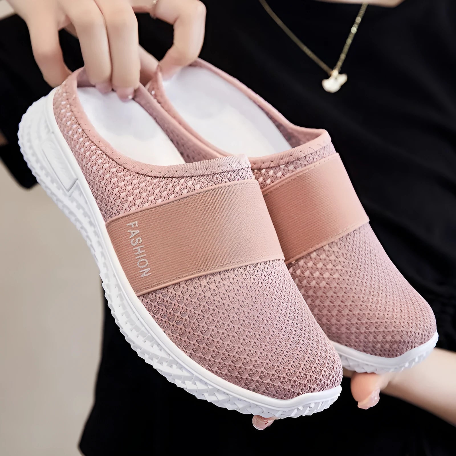 Women's breathable mesh casual flats with hollow out design and flat heel in black, grey, pink, purple colours