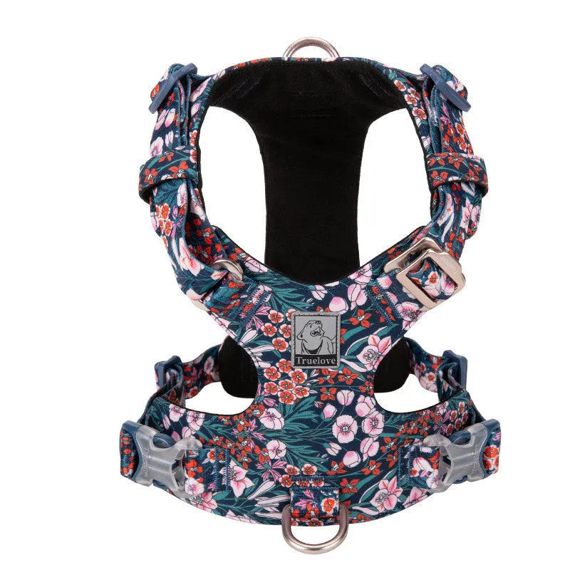 Pure cotton dog harness with floral pattern chest strap in red, blue, or green on various sized dogs