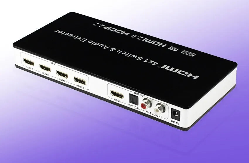 Black 4-in 1-out HDMI audio extractor switch with remote control on a dark surface.