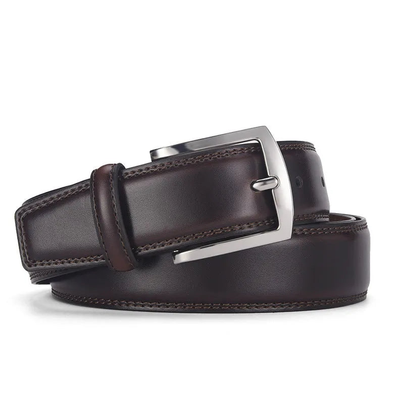 Men's genuine leather belt with alloy pin buckle in classic black colour