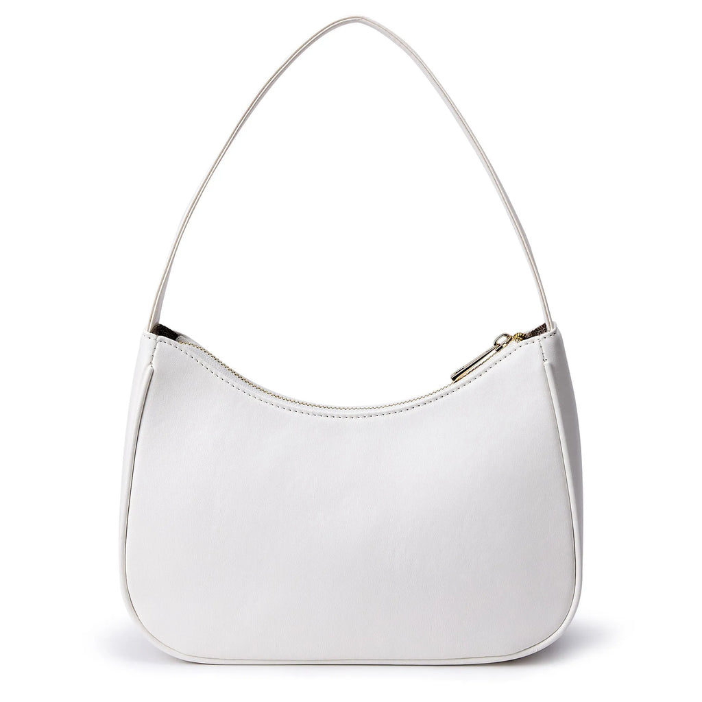 Retro-style shoulder bag in apricot colour with adjustable strap showing PU material texture