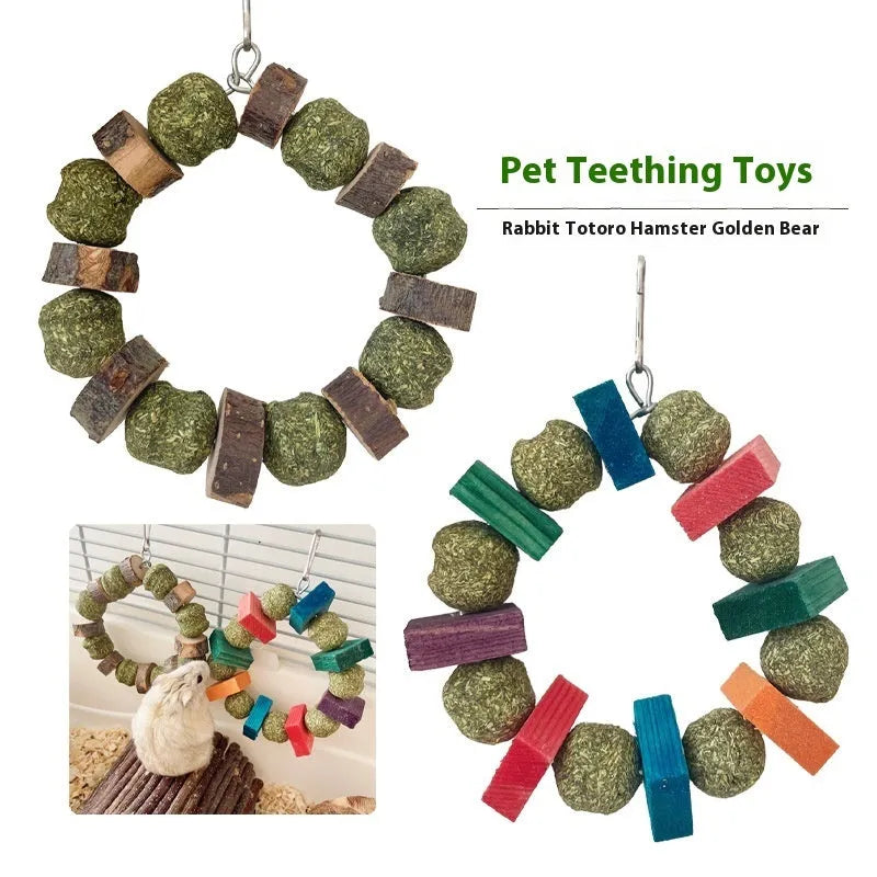 Hamster chew toy with Applewood rod and decorative straw ball ring for small animals