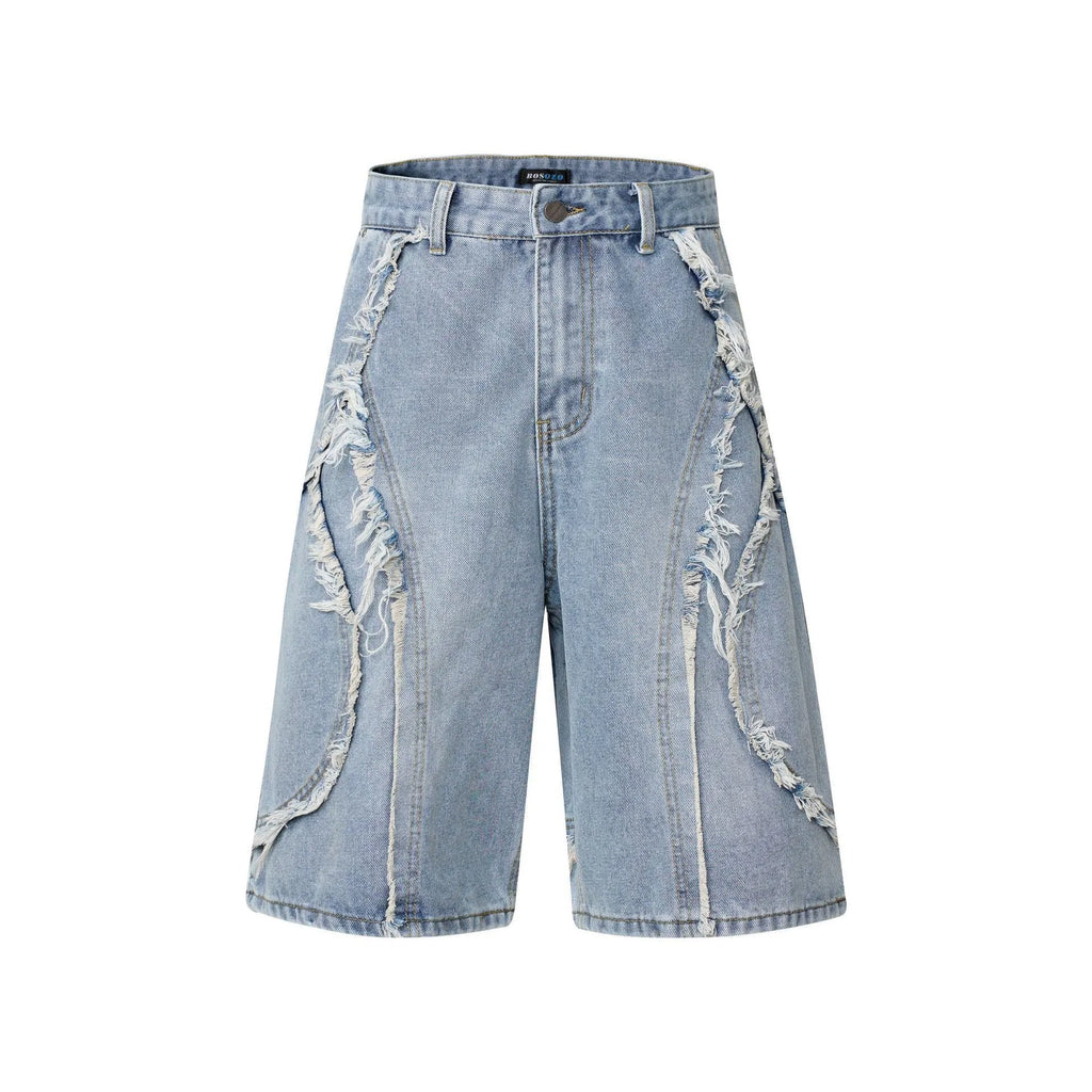 Distressed denim shorts with raw edge hem in straight cut hip hop style