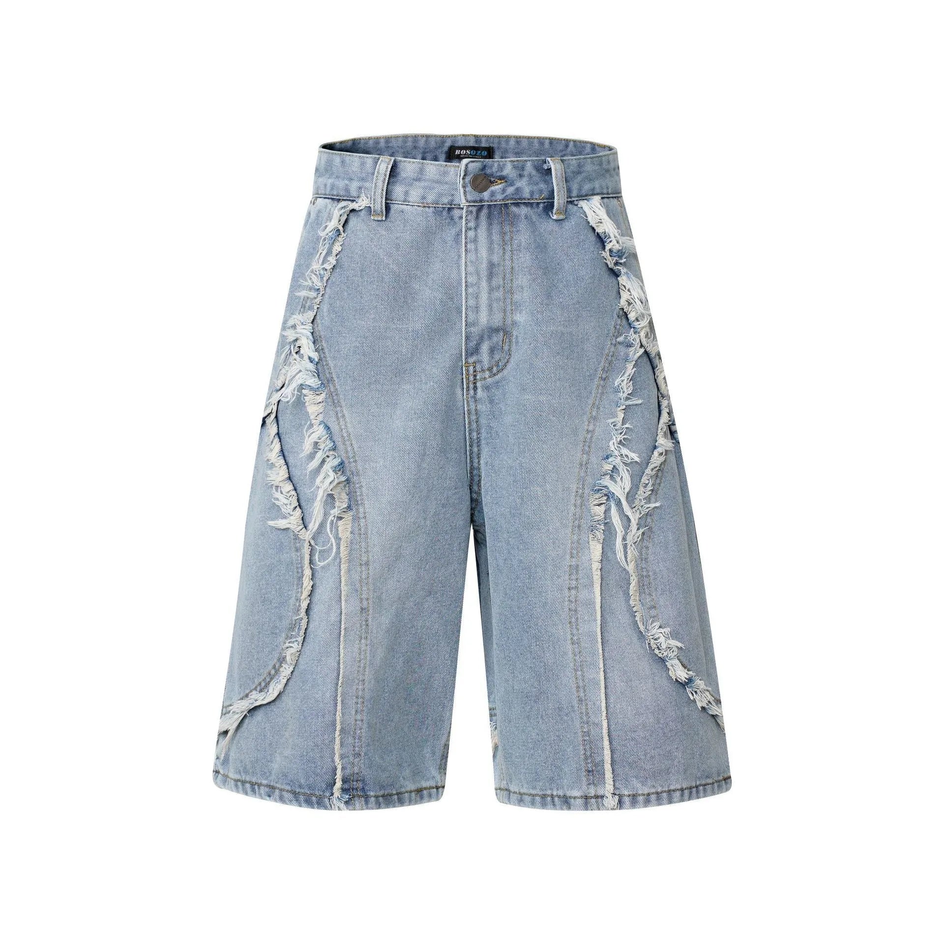 Distressed denim shorts with raw edge hem in straight cut hip hop style