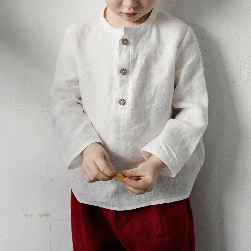 Boys Half-Open Collar Long Sleeve Cotton Linen Shirt Solid Colour European Style Spring Autumn Top 90-130cm White Green Hemp Rust Red