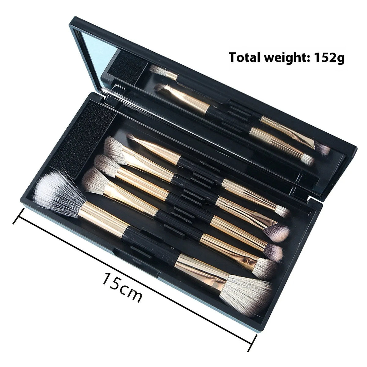 Boxed portable makeup brush set with mirror showing silver, gold, and little sparrow colour options