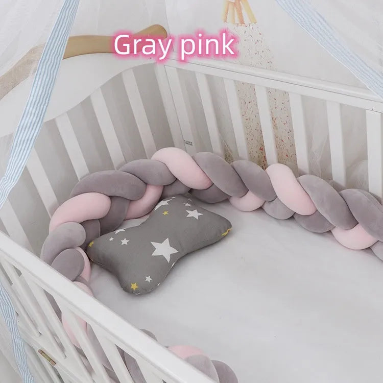 Baby crib bumper in crystal velvet with braid knot design showing flexible length options for cot protection