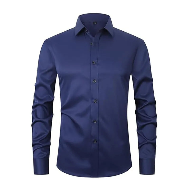 Men's stretch long sleeve work shirt in polyester fibre, showing colour options and sizing details.