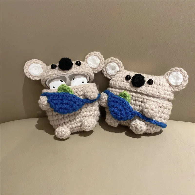 Handmade knitted koala bear backpack cover for Apple Airpod wireless earbud protection