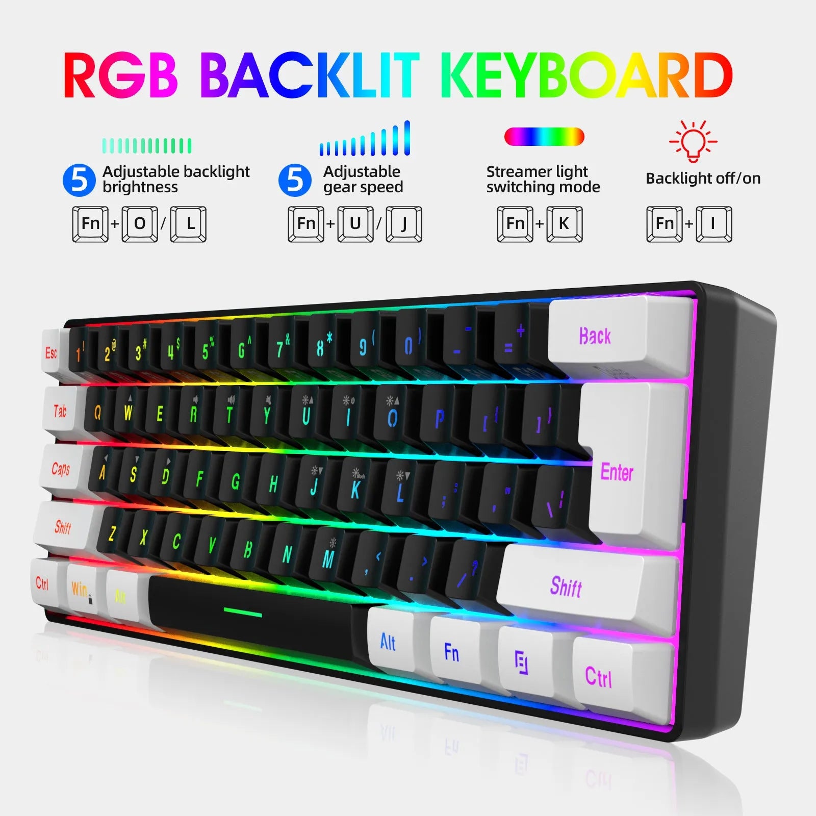 61 key wired membrane USB keyboard in white and black colour variant on desk