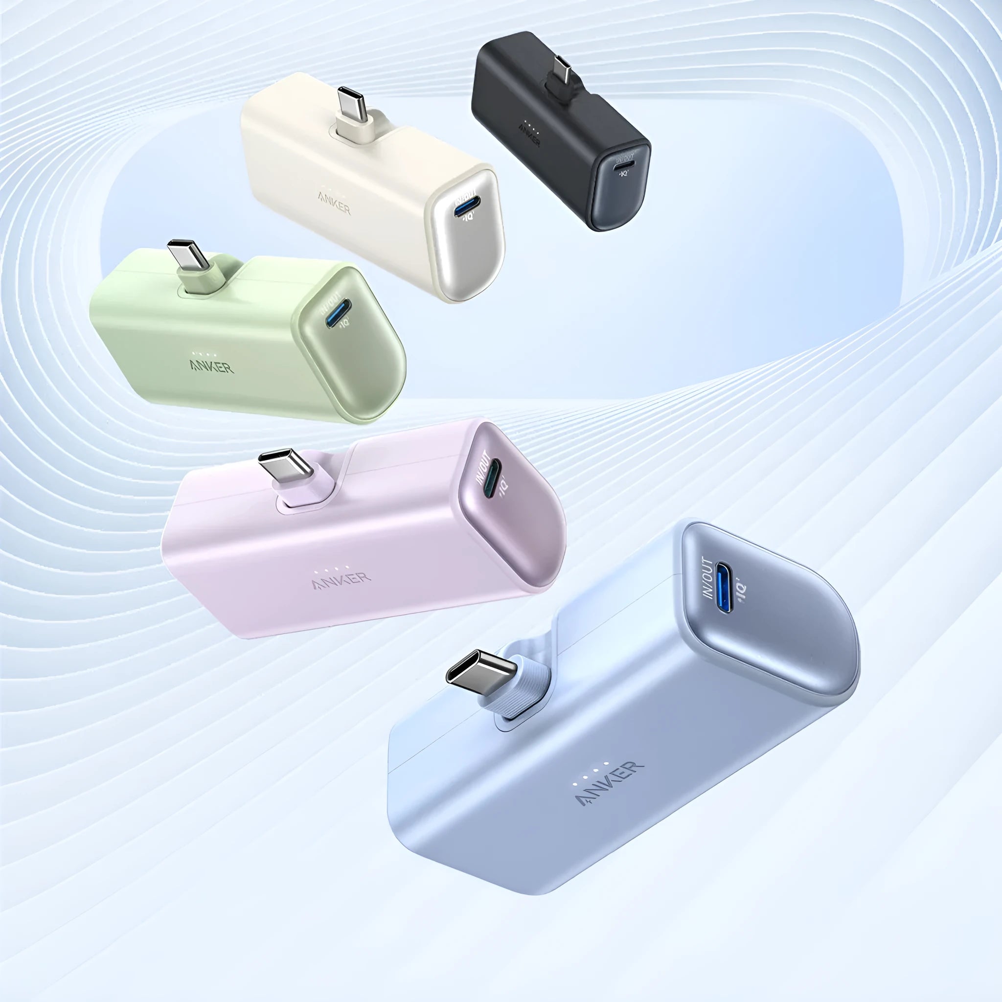 Capsule Power Bank 5000mAh portable charger in five colour options showing compact design