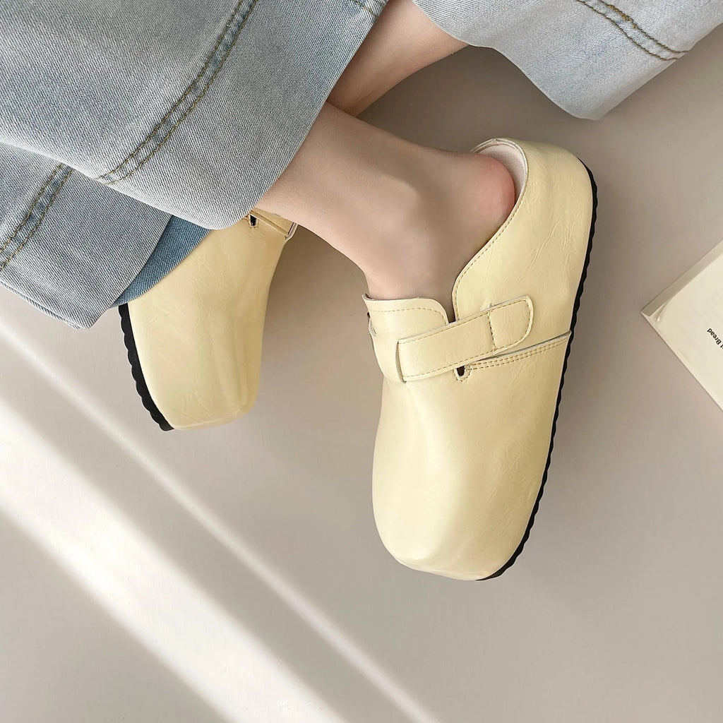 Flat buckle casual sneakers in beige, black, silver, or yellow with round toe and PU upper