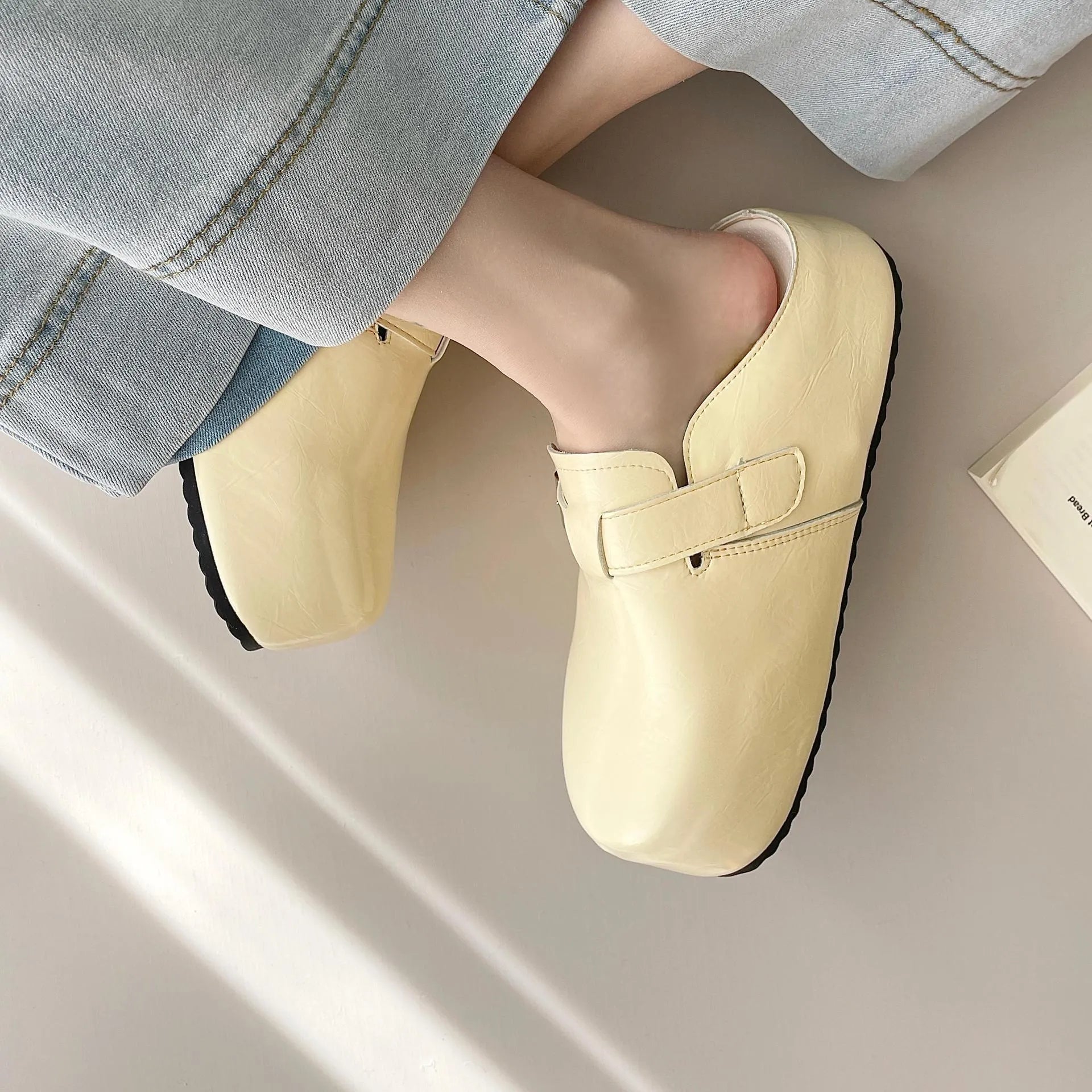 Flat buckle casual sneakers in beige, black, silver, or yellow with round toe and PU upper