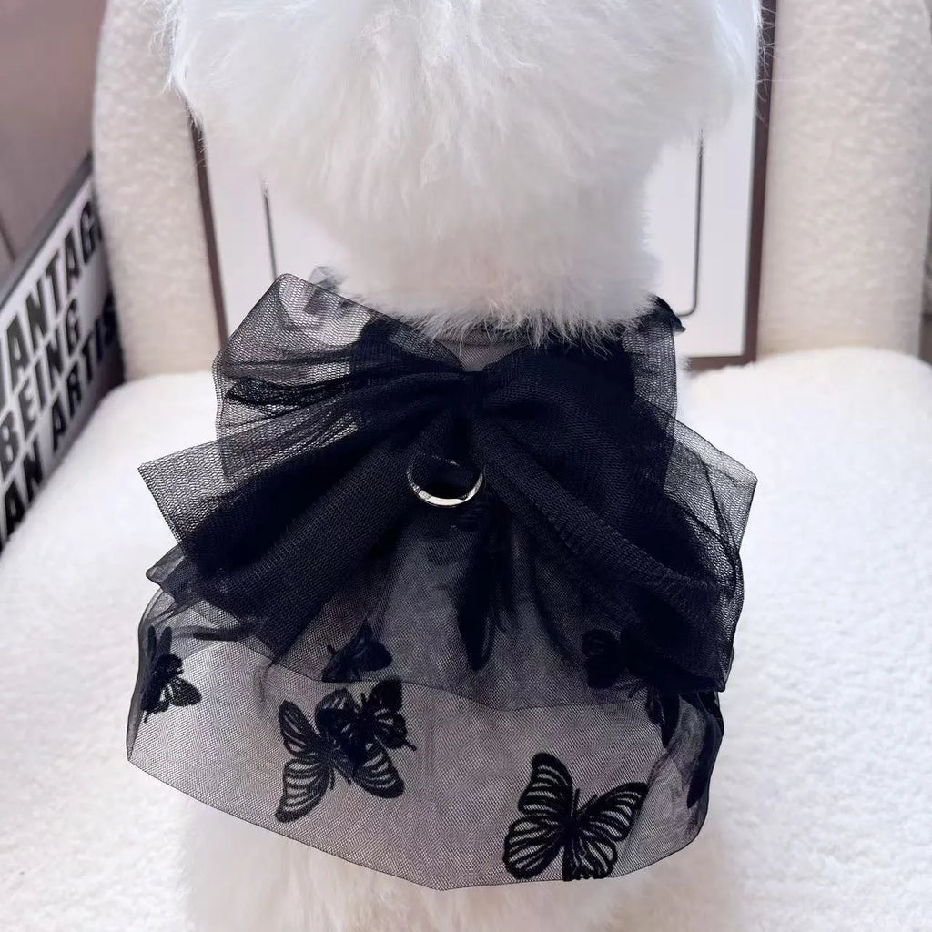 Black gauze princess tulle skirt for small dogs and cats on a mannequin showing the five available sizes