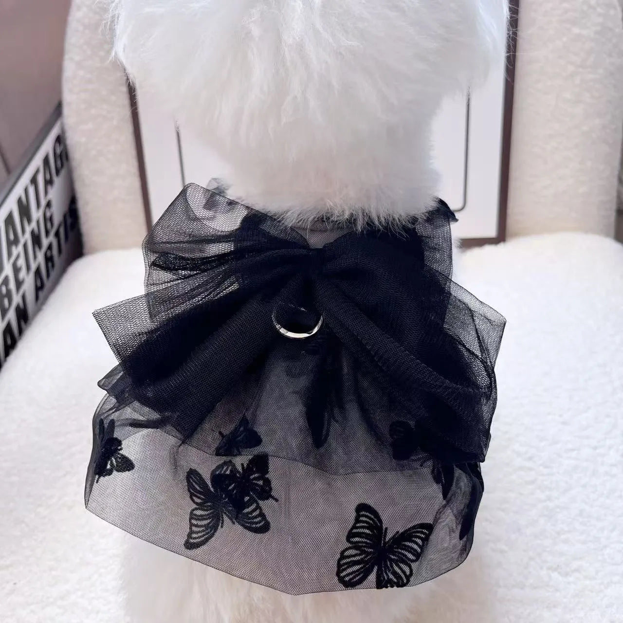 Black gauze princess tulle skirt for small dogs and cats on a mannequin showing the five available sizes
