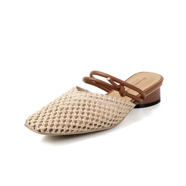 Women's French style square toe outdoor slippers with hollow-out breathable design and chunky heel