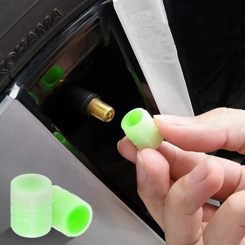 Car luminous valve cap set showing rubber construction and luminous nozzles