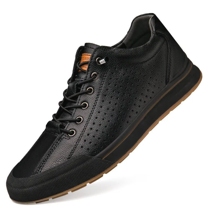 Men's white matte leather casual shoes with round toe and 6cm flat sole available in hollow-out and fleece-lined variants
