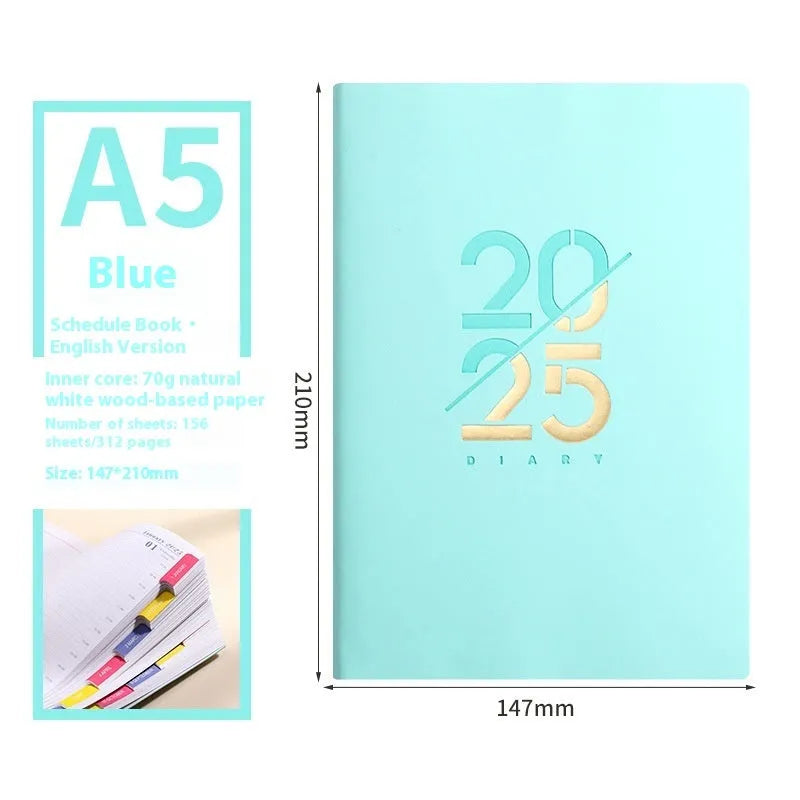A5 2025 daily planner schedule book with faux leather cover shown in blue colour option