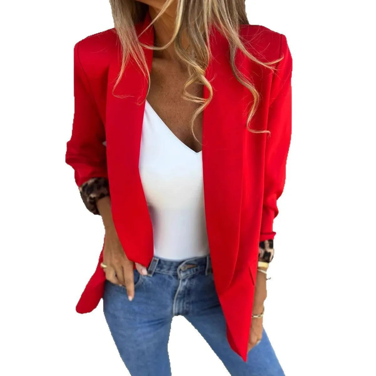 Women's slim fit blazer with black and red cheetah animal print pattern and lapel collar