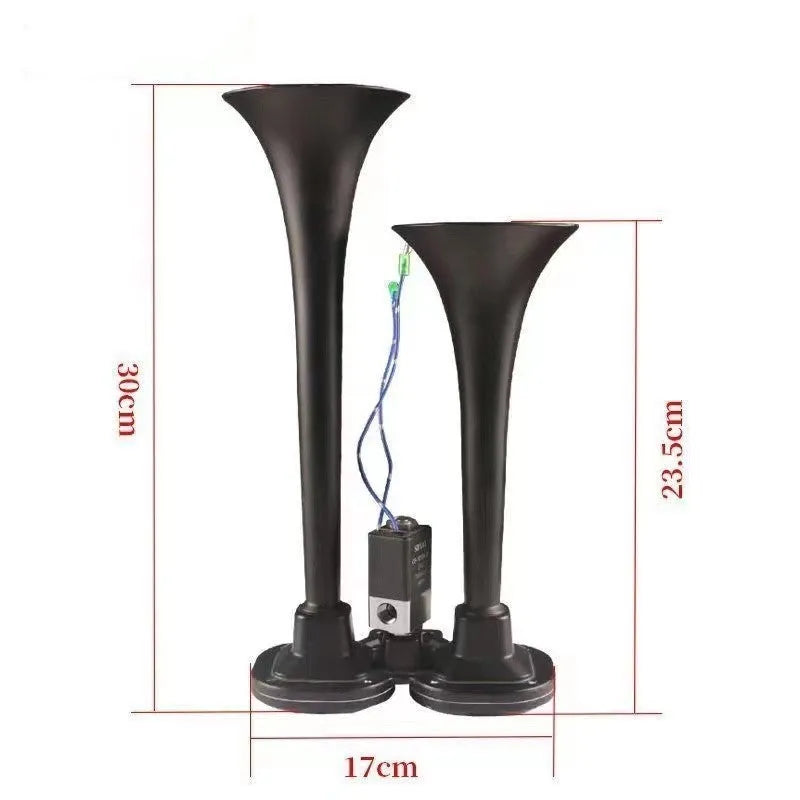 Black dual trumpet air horn and compressor kit for 12V and 24V vehicles.