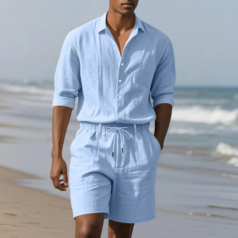 Men's linen summer casual suit with long sleeve shirt and shorts in multiple colours