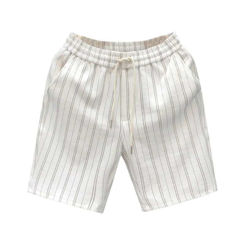 Men's black and white striped casual shorts with elastic waistband showing straight-leg design