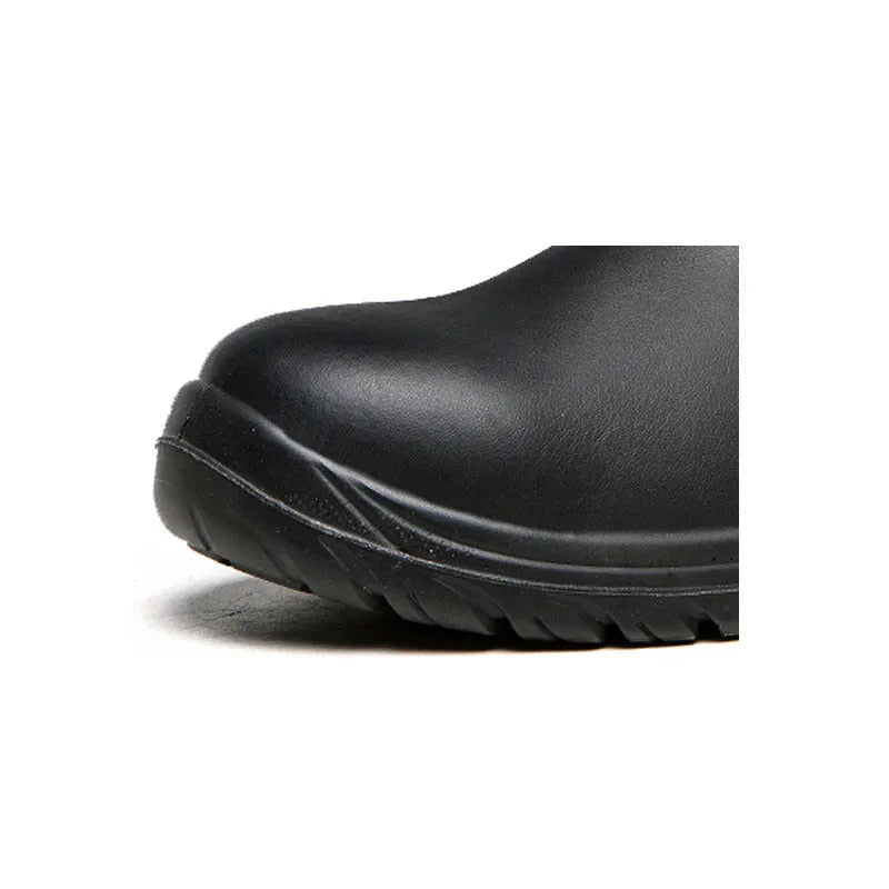 Black leather safety boots with high-top design and anti-piercing sole protection