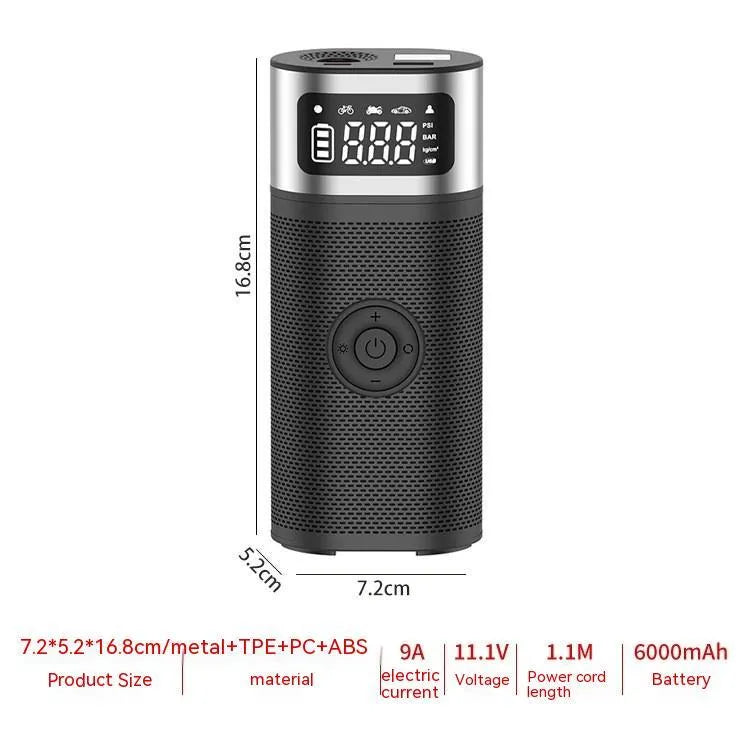 Black portable wireless vehicle air pump with digital display, LED light and flexible inflation tube