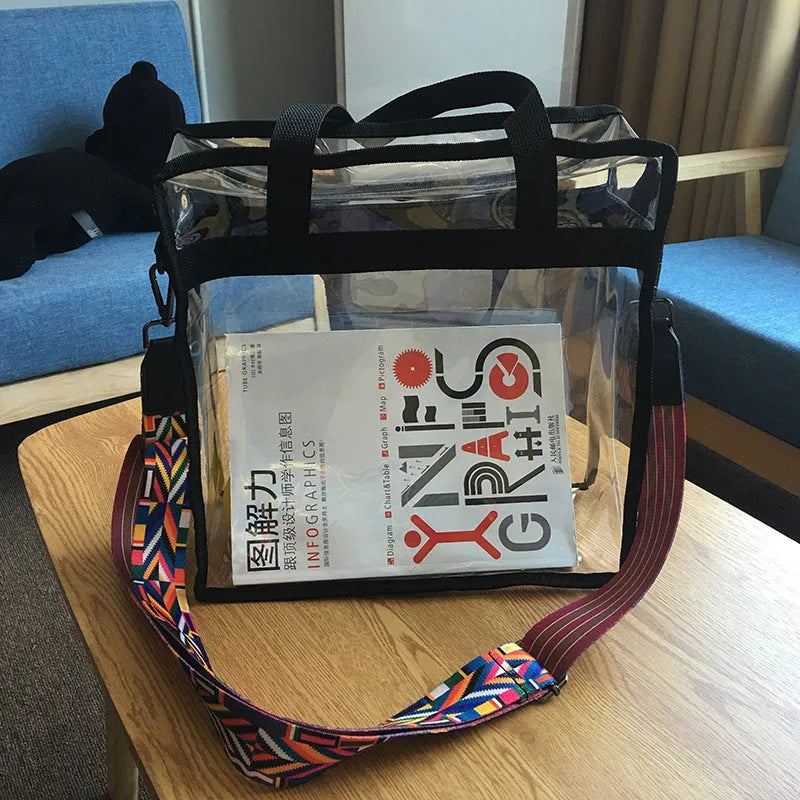 Transparent PVC women's messenger bag with three-dimensional pocket and double connector shoulder straps